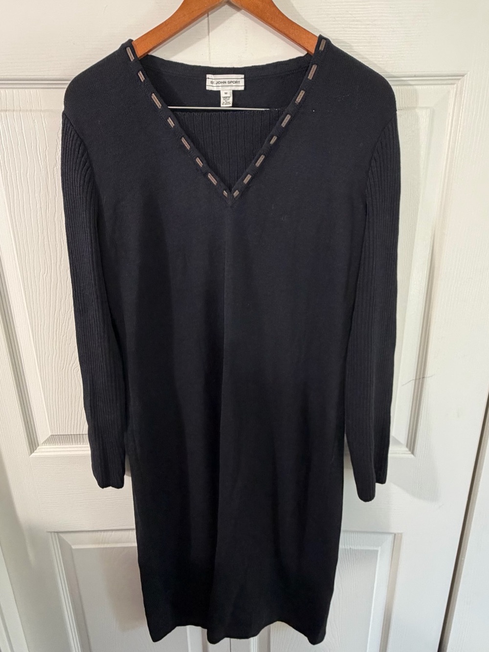 St John Sport Black Knit Lace Up V Neck Sweater Dress Womens Medium